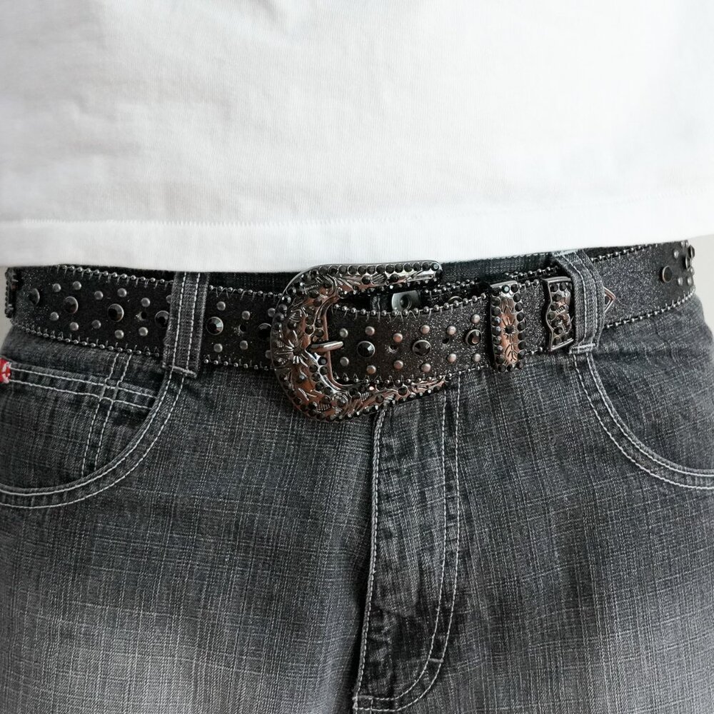 y2k black rhinestone studded western belt — 2000s goth glam style